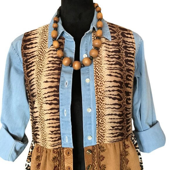 Patchwork Duster Jacket Dress, M: Upcycled Animal Print Button-Down Boho Kaftan - Picture 6 of 13